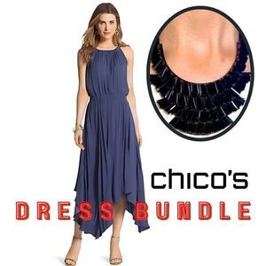 NWOT Chico's Periwinkle Blue Whitney Halter Casual Maxi Dress + Necklace Bundle